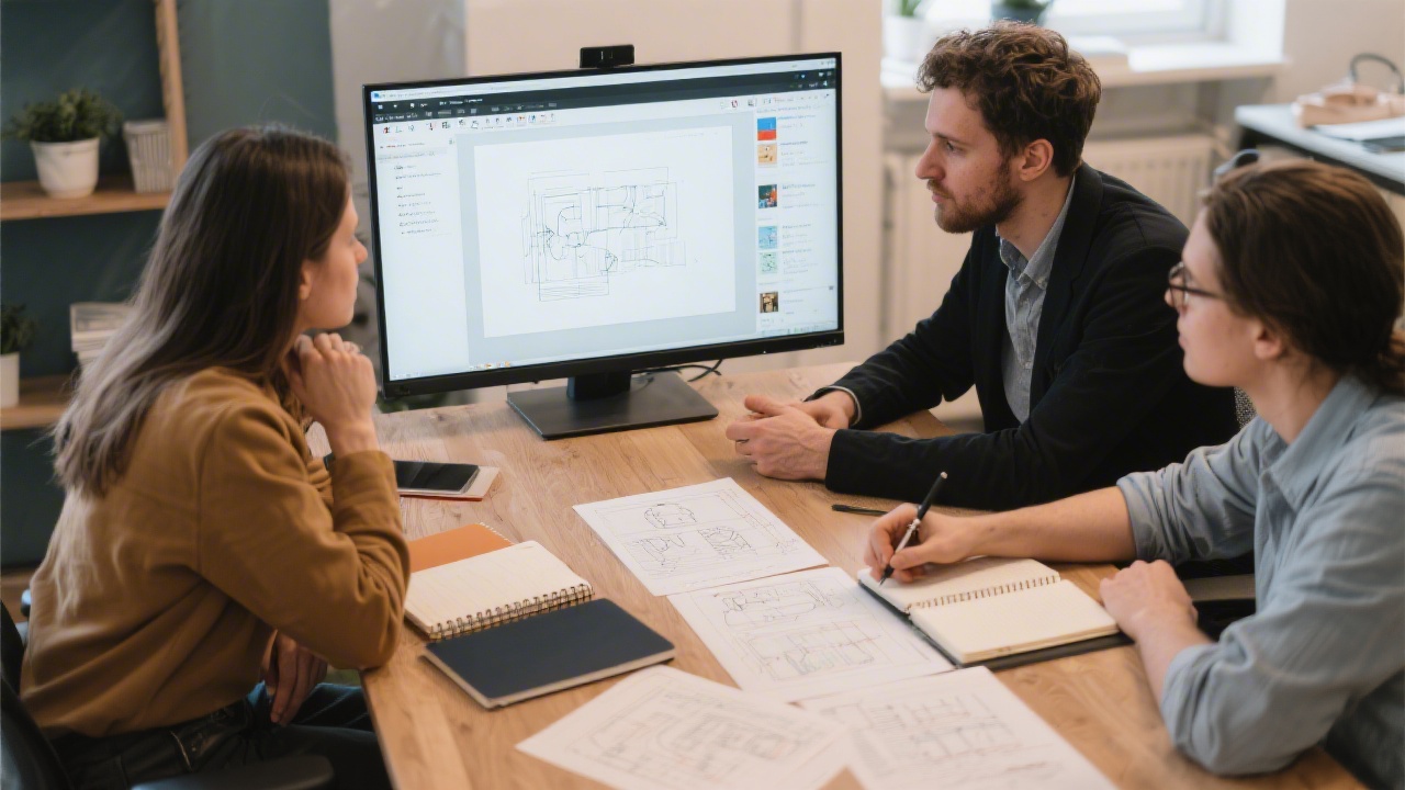 Team of designers reviewing Figma screens on a large monitor, with notebooks and printed wireframes on a table in a focused collaborative session