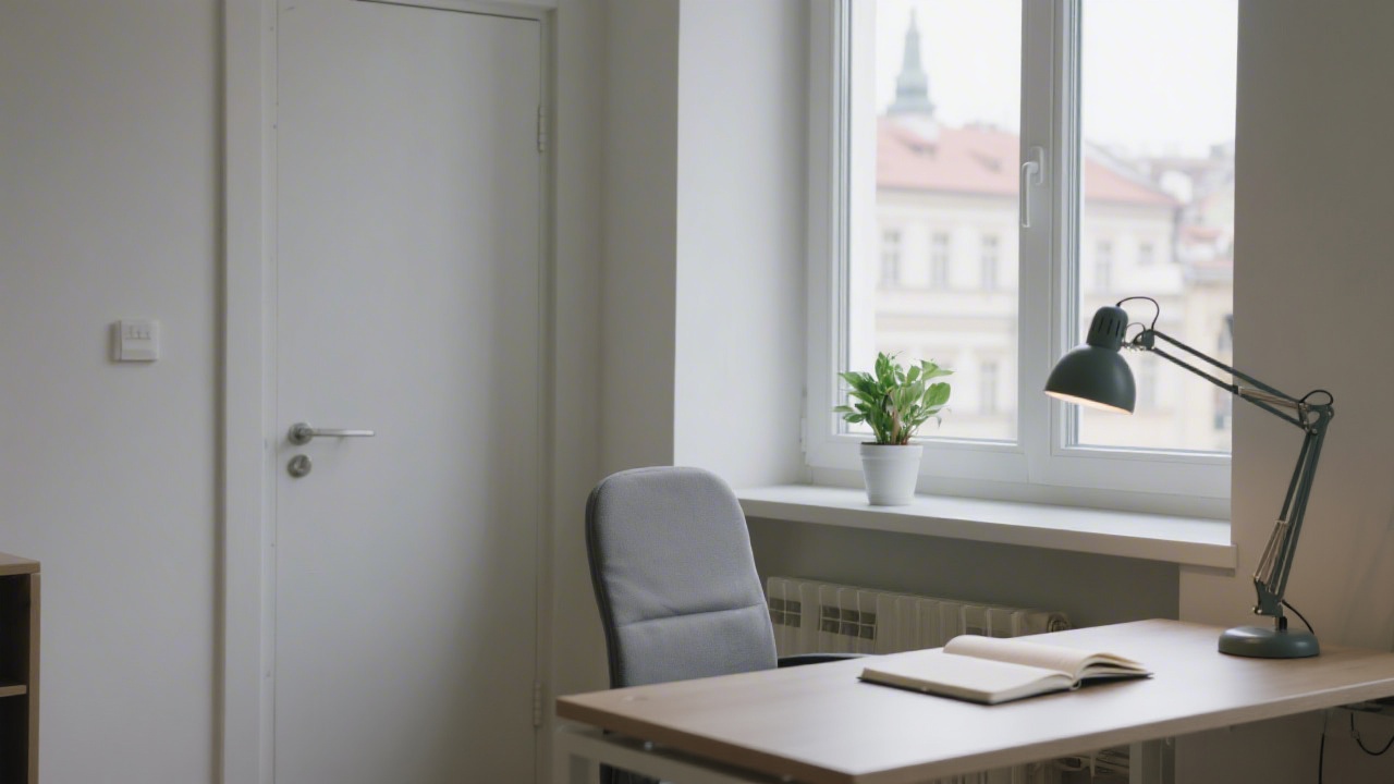 Quiet office entrance in Prague with desk and lamp, a notebook open, and a small plant by the window creating a professional contact setting