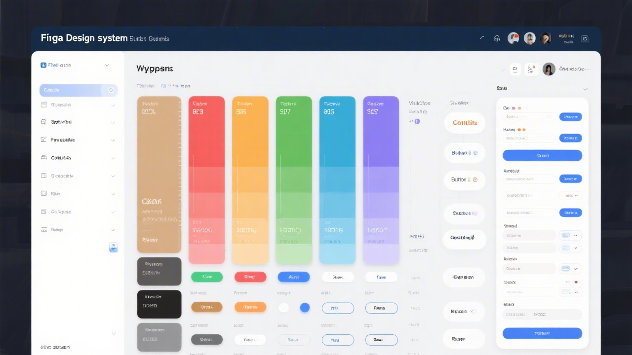Figma design system board with typography scale, color palette, spacing tokens, button states and input variations arranged in neat columns