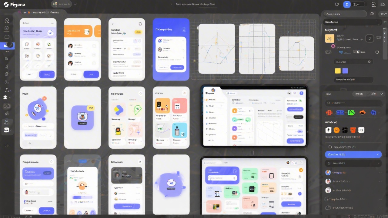 Figma interface with multiple artboards showing mobile and desktop UI screens, a sidebar with components and a tidy layout grid