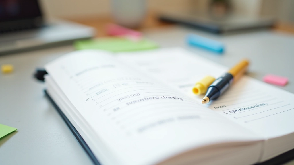 Plán napsaný v notebooku s barevnými výrazovači a psacím perem na kancelářském stole