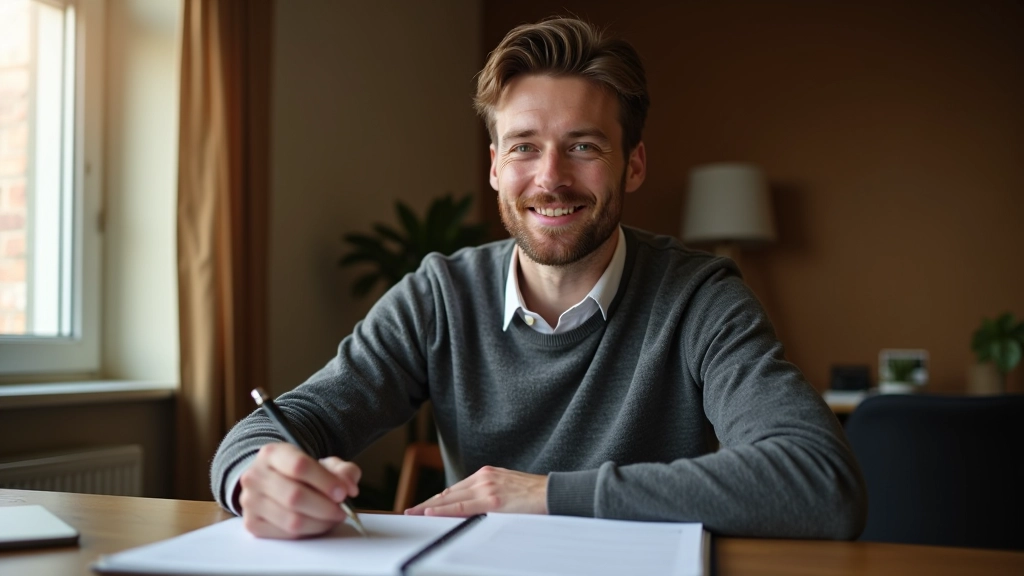 Muž sedí u stolu s notebookem a psacím perem, v pozadí měkké světlo